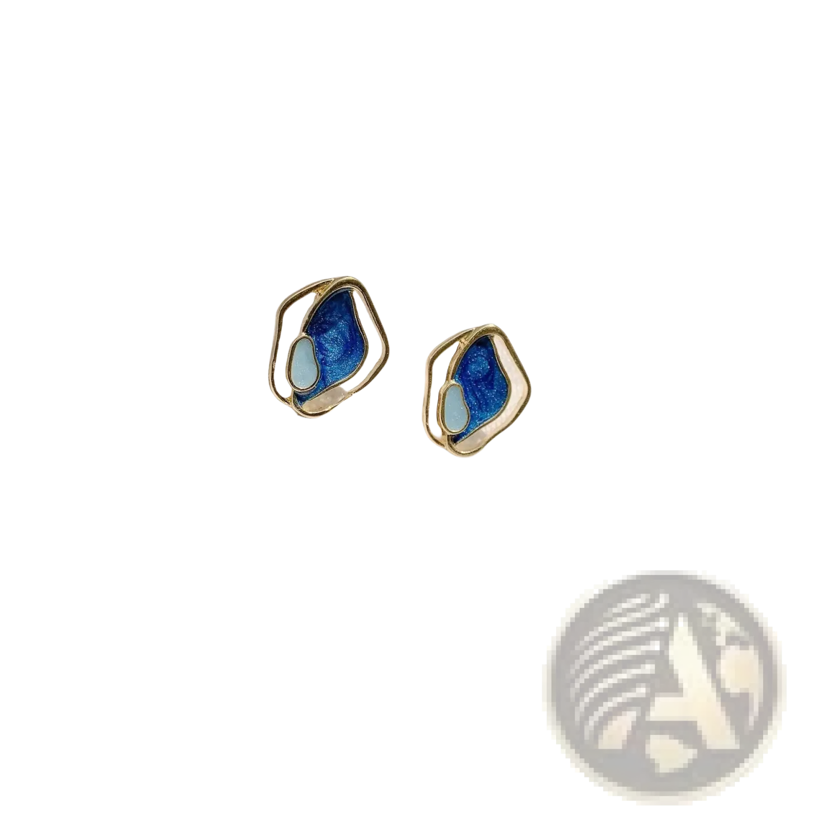Blue and light blue enamel geometric silver stud earrings with gold-tone metal frames for elegant wear