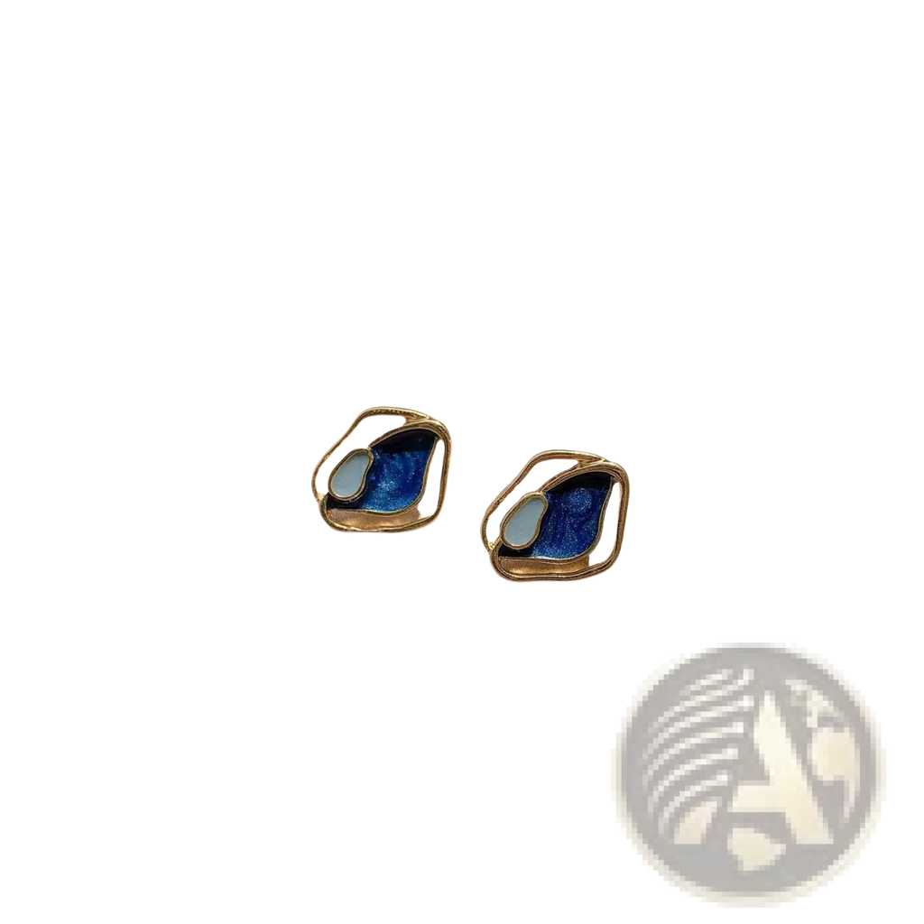 Blue enamel geometric silver stud earrings with gold frames featuring vibrant blue enamel and light blue accent