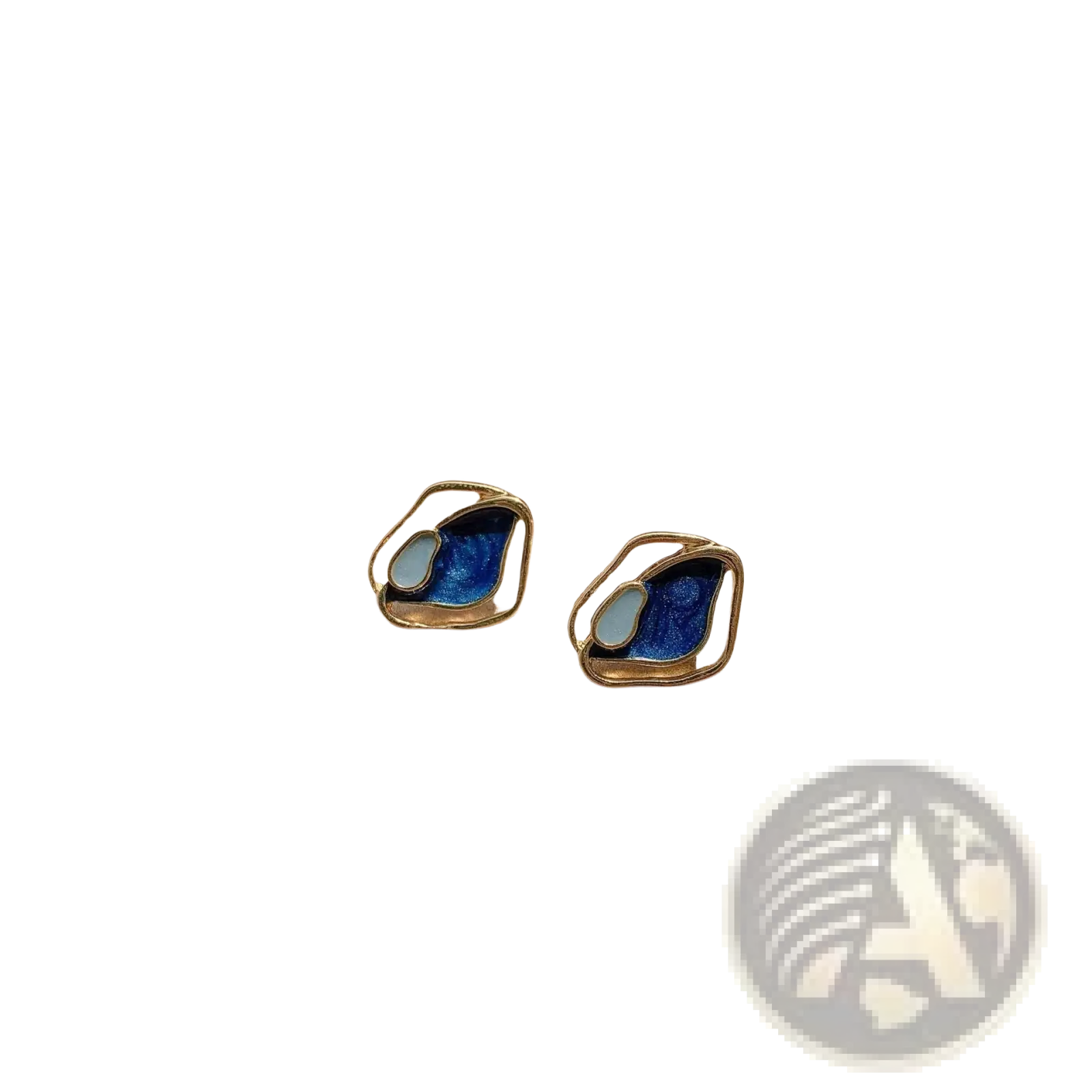 Blue enamel geometric silver stud earrings with gold frames featuring vibrant blue enamel and light blue accent
