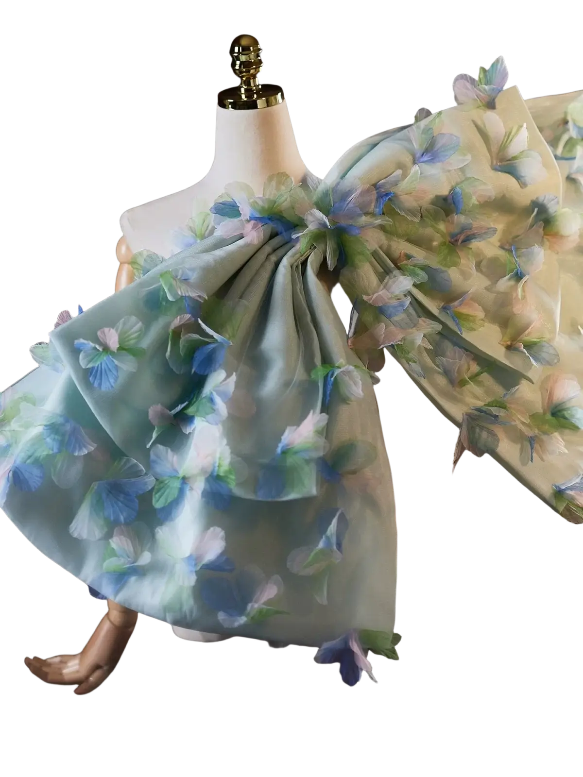 A delicate blue floral bridal bow evening party accessory with sheer layered ruffles and three-dimensional blossoms