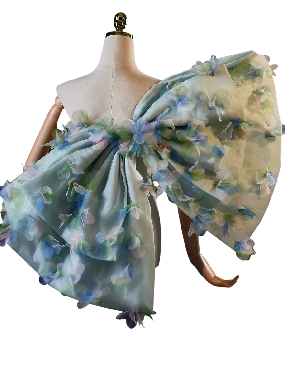 A delicate light blue and green floral embroidered off the shoulder gown with sheer fabric and ruffled sleeves for parties