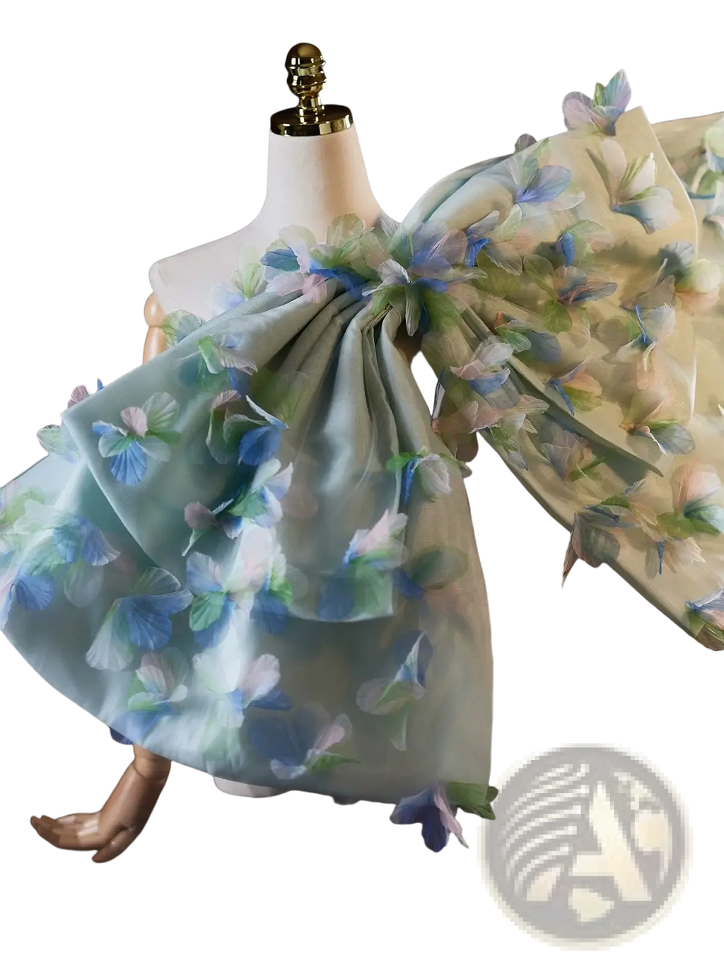 A delicate blue floral bridal bow evening party accessory with sheer layered ruffles and three-dimensional blossoms
