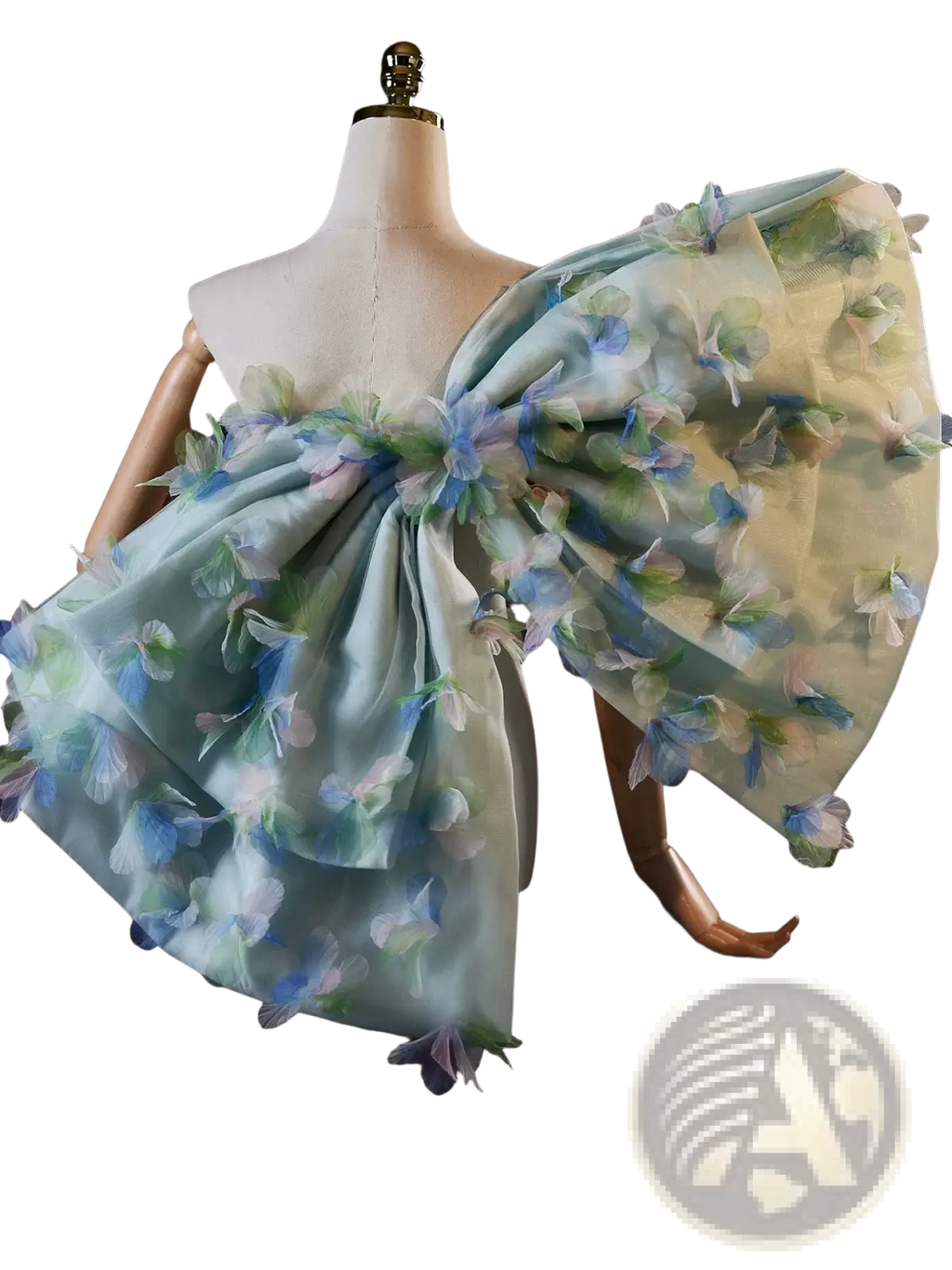 A delicate light blue and green floral embroidered off the shoulder gown with sheer fabric and ruffled sleeves for parties