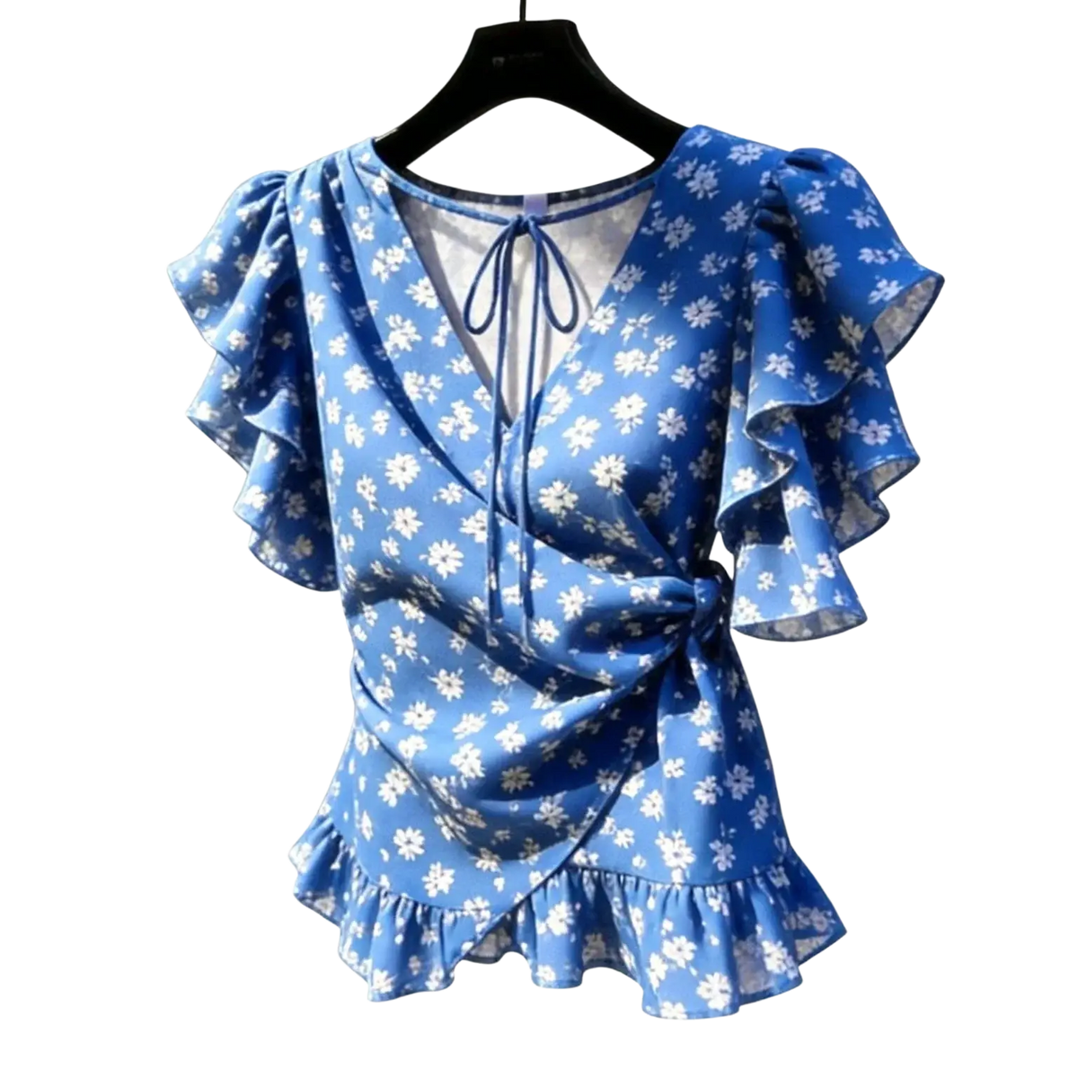 Blue floral chiffon wrap blouse with ruffled sleeves and hem featuring a delicate white flower pattern on smooth fabric