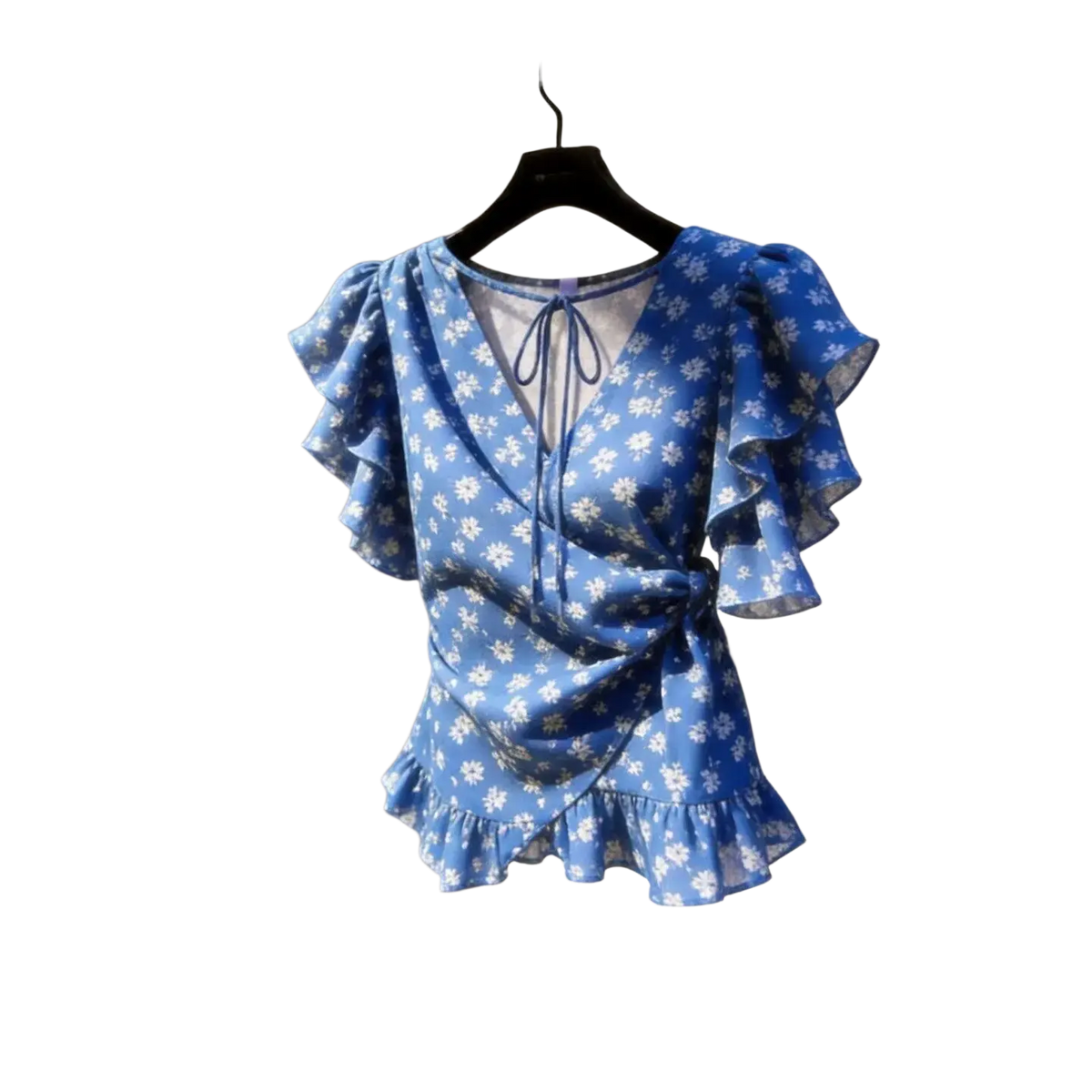 Blue floral chiffon wrap blouse with ruffled short sleeves and matching tie at the neckline
