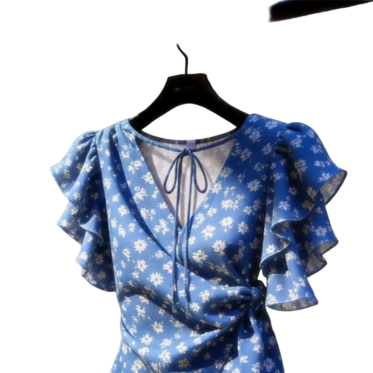 Blue floral chiffon wrap blouse with ruffled short sleeves and tie-front neckline in a wrap dress style