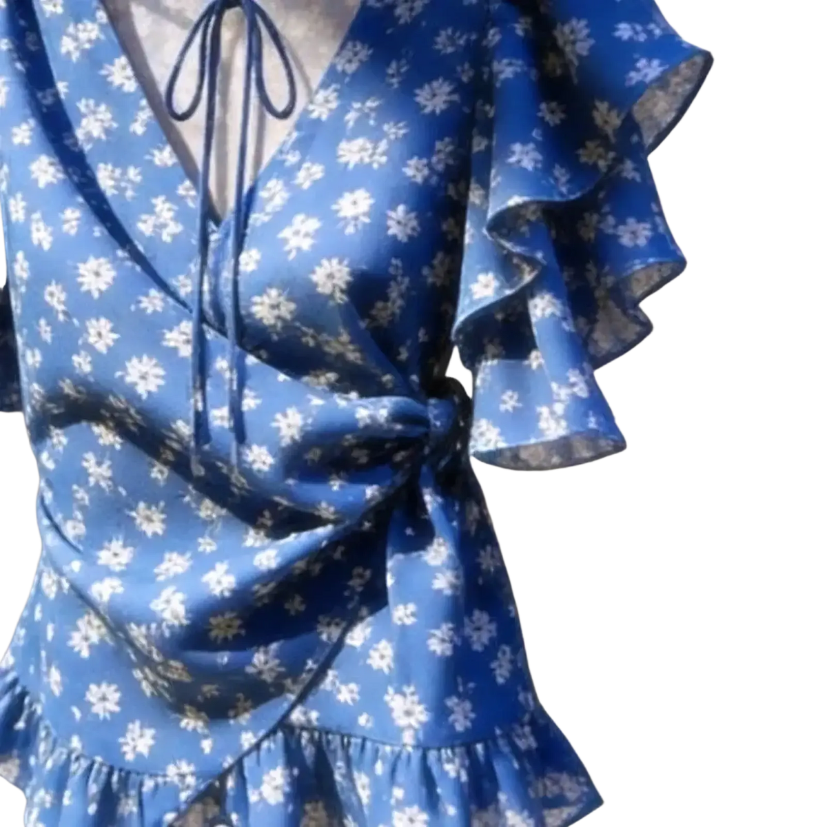 Blue floral chiffon wrap blouse with ruffled sleeves and hem featuring a delicate white flower pattern on satin fabric