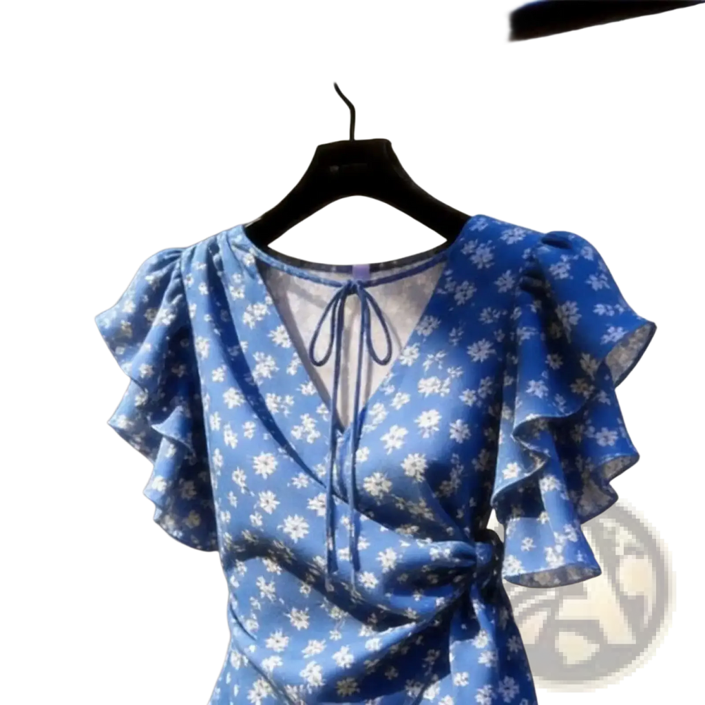 Blue floral chiffon wrap blouse with ruffled short sleeves and tie-front neckline in a wrap dress style