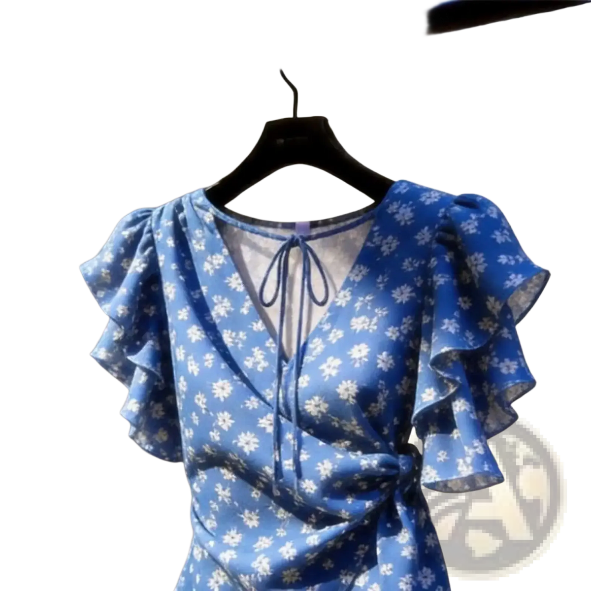 Blue floral chiffon wrap blouse with ruffled short sleeves and tie-front neckline in a wrap dress style