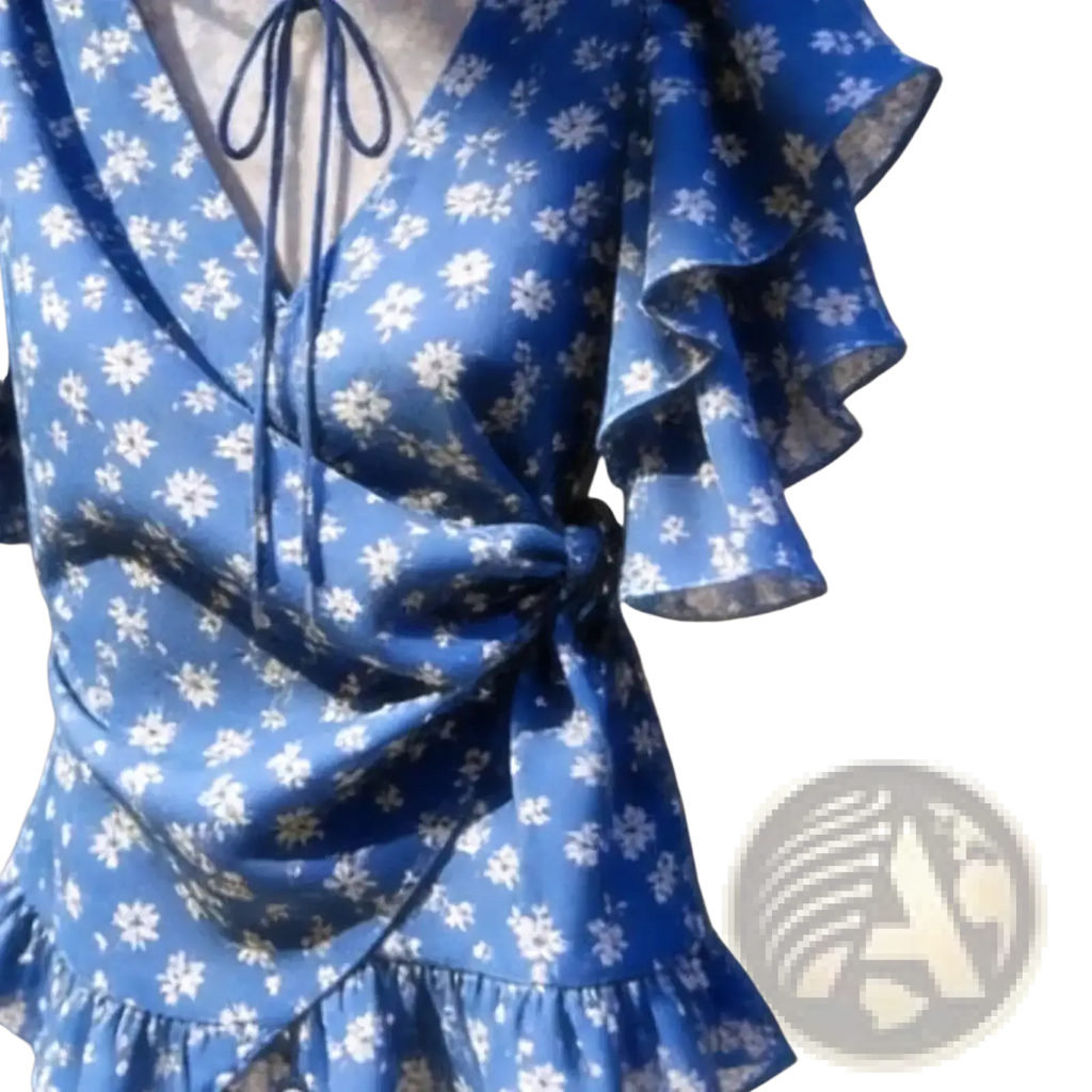 Blue floral chiffon wrap blouse with ruffled sleeves and hem featuring a delicate white flower pattern on satin fabric