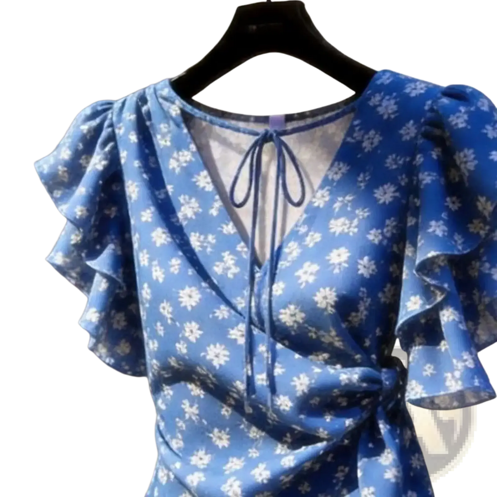 A blue floral chiffon wrap blouse with ruffled puff sleeves and a tie-front neckline