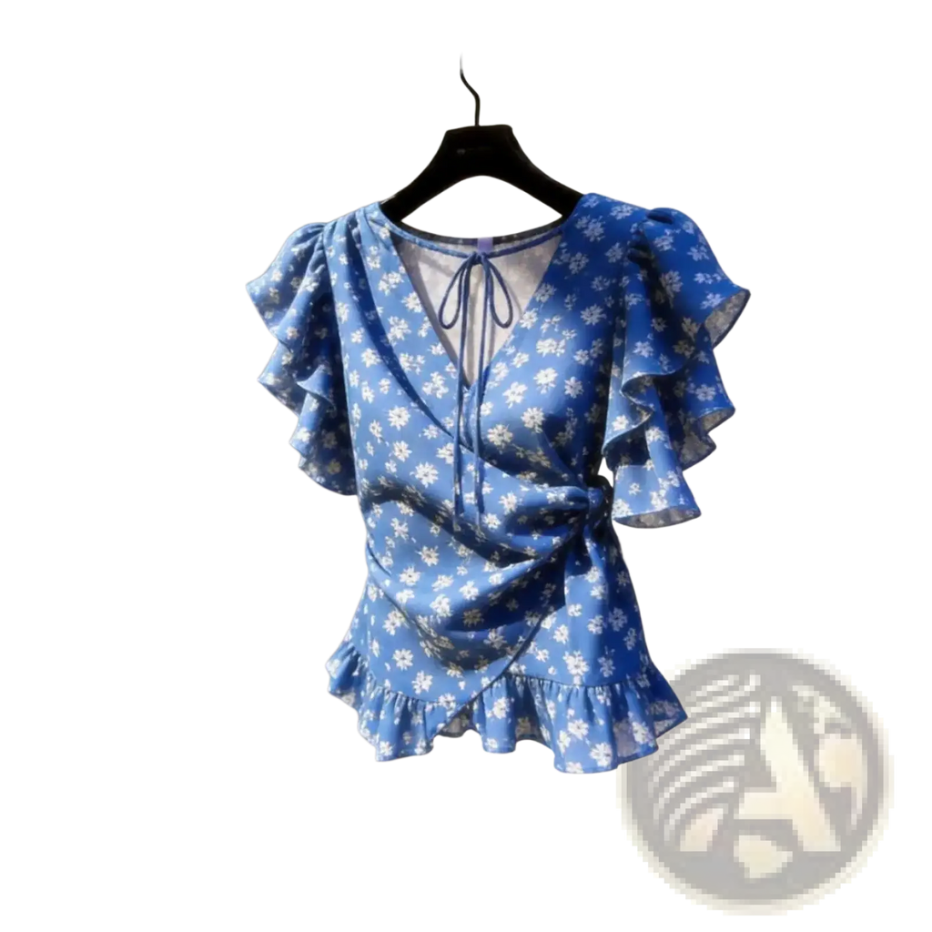 Blue floral chiffon wrap blouse with ruffled short sleeves and matching tie at the neckline