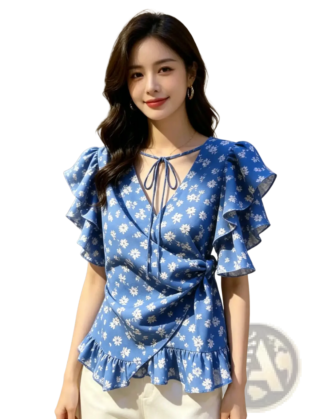 Blue floral chiffon wrap blouse with ruffled sleeves v-neck and tie-front detail for elegant casual wear