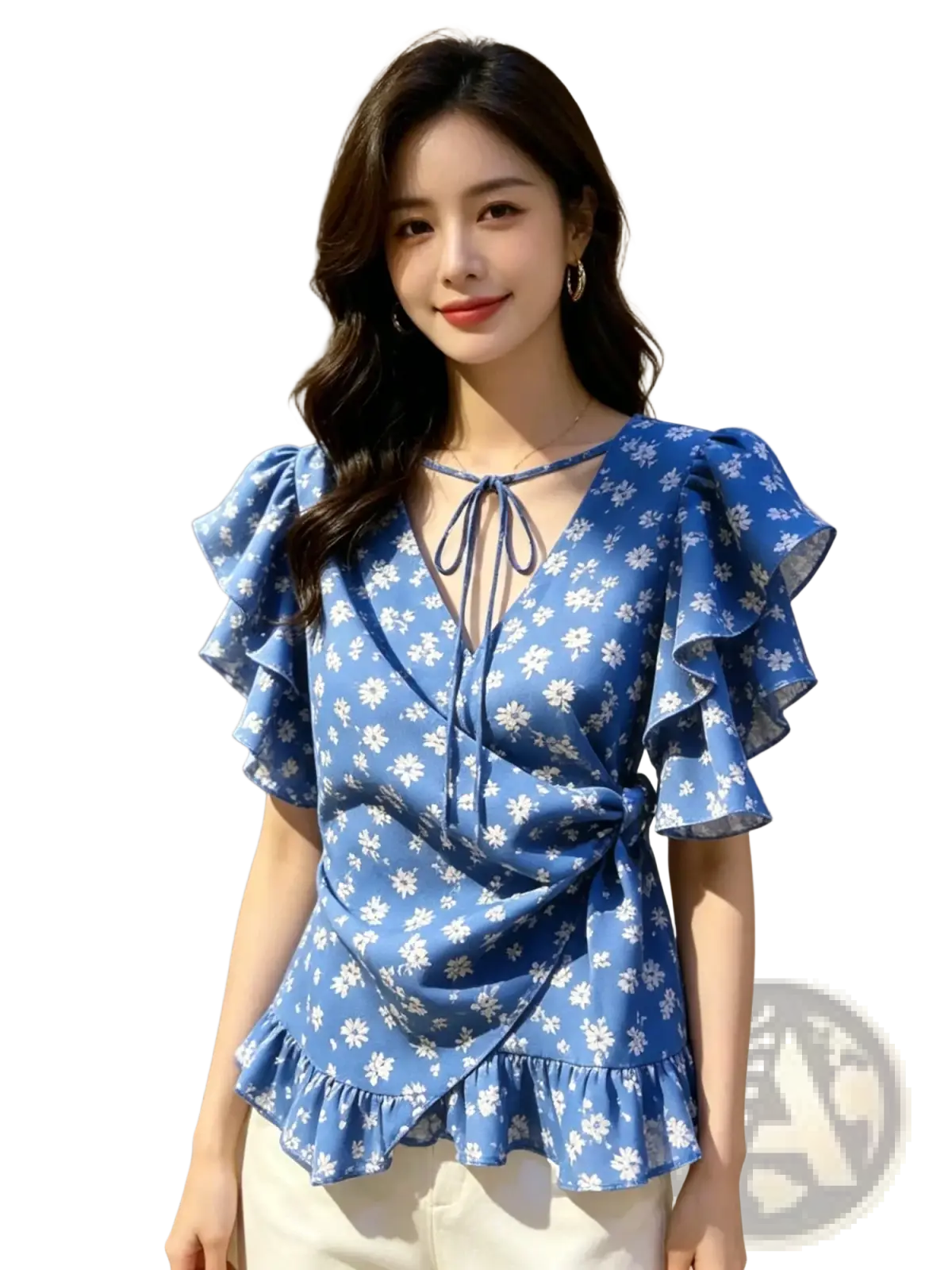 Blue floral chiffon wrap blouse with ruffled sleeves v-neck and tie-front detail for elegant casual wear