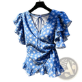 Blue floral chiffon wrap blouse with ruffled sleeves and hem featuring a delicate white flower pattern on smooth fabric