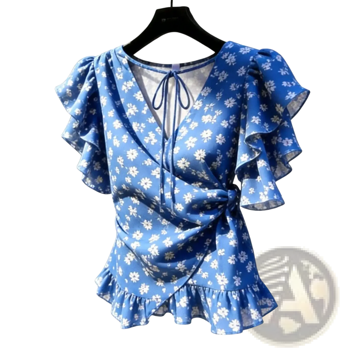 Blue floral chiffon wrap blouse with ruffled sleeves and hem featuring a delicate white flower pattern on smooth fabric