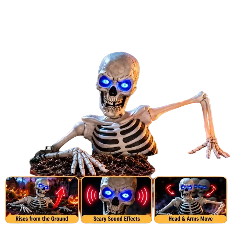 Blue glowing eyes half skeleton halloween prop with glowing blue eyes realistic motion and sound effects