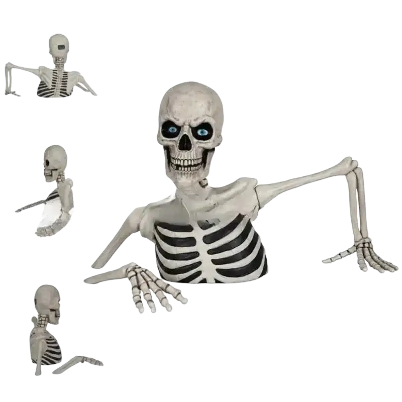A detailed light gray plastic half skeleton halloween prop with black ribcage stripes and glowing blue eyes