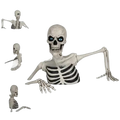 A detailed light gray plastic half skeleton halloween prop with black ribcage stripes and glowing blue eyes