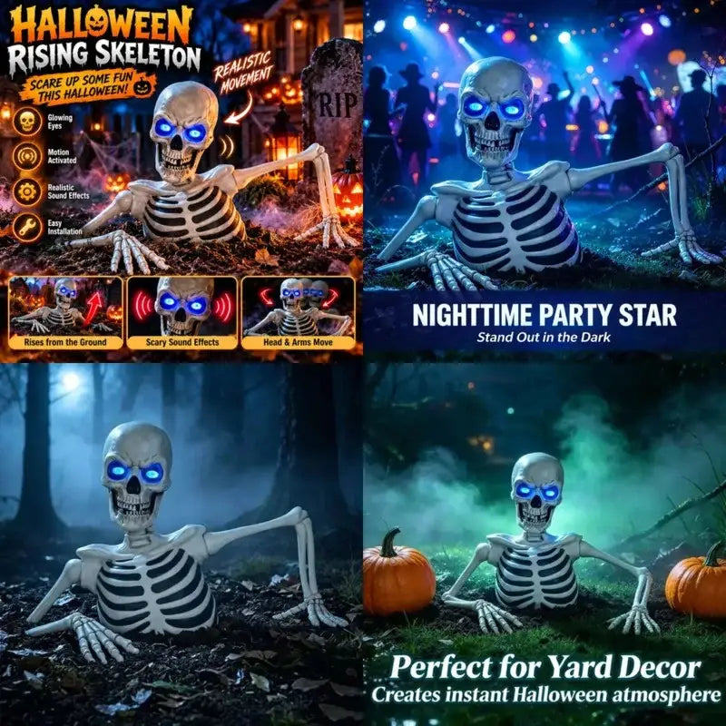 Blue glowing eyes half skeleton halloween prop with white and black ribcage design and realistic motion sound effects