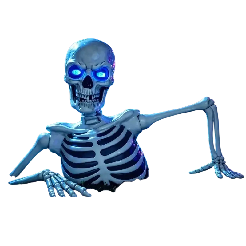 Blue glowing eyes half skeleton halloween prop with white and black ribcage design as illuminated party decoration