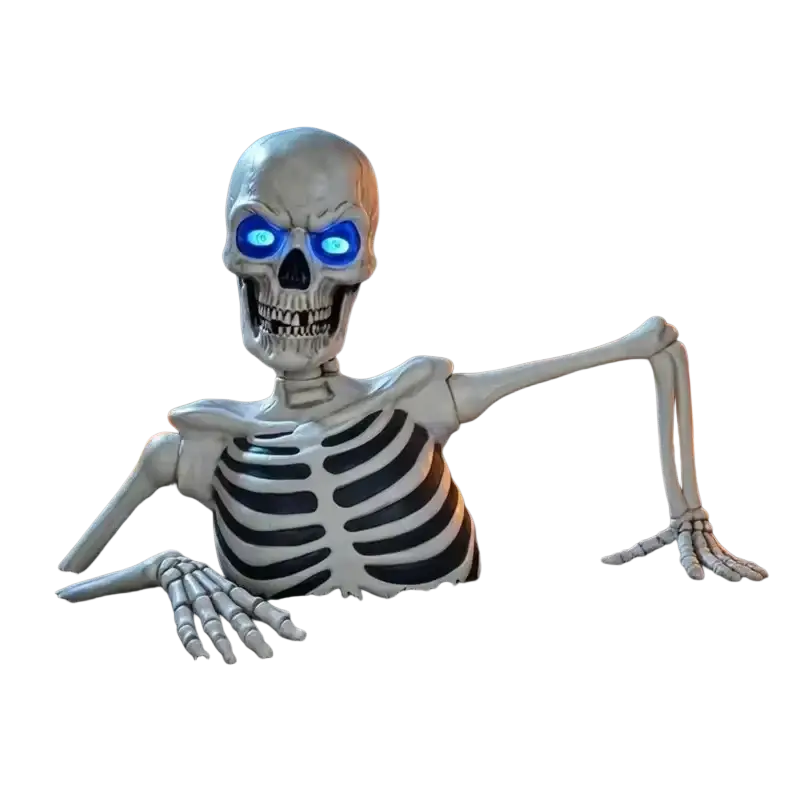 Blue glowing eyes half skeleton halloween prop white plastic with black ribcage stripes emerging from the ground