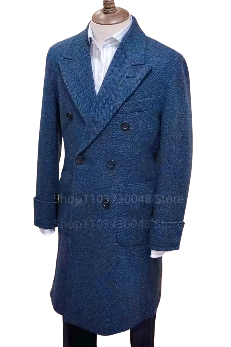 Deep blue woolen double-breasted overcoat with black buttons classic tailored fit see size chart for body size guidance