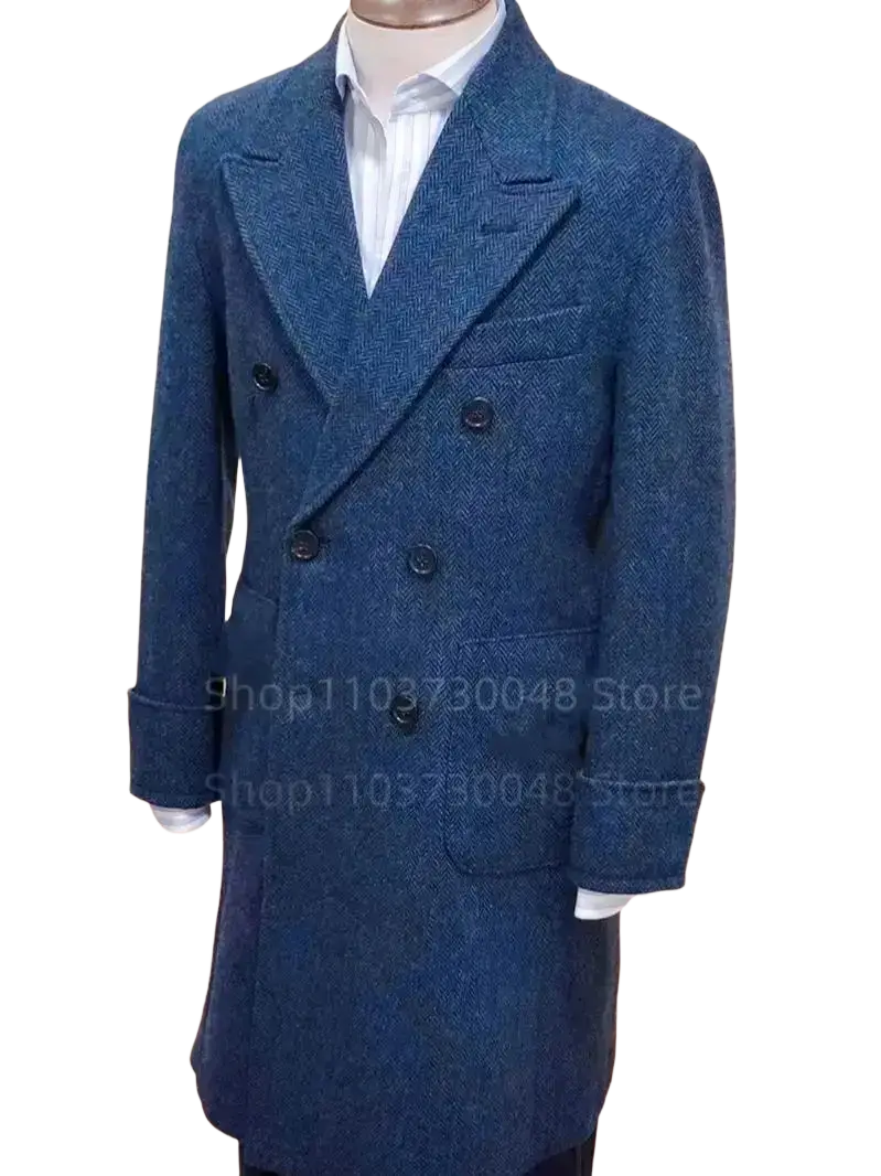 Navy blue herringbone wool double-breasted overcoat for men with dark buttons suitable for winter suit jackets size chart