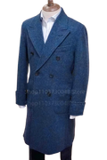 Navy blue double-breasted wool overcoat with herringbone pattern and dark brown buttons for men winter suit jacket size chart