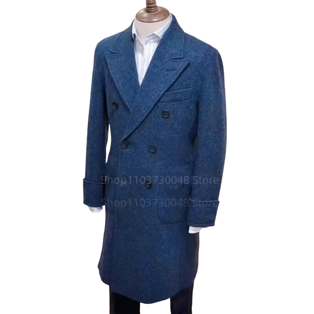 A navy blue double-breasted wool overcoat with herringbone pattern and black buttons for men winter suit jacket size chart