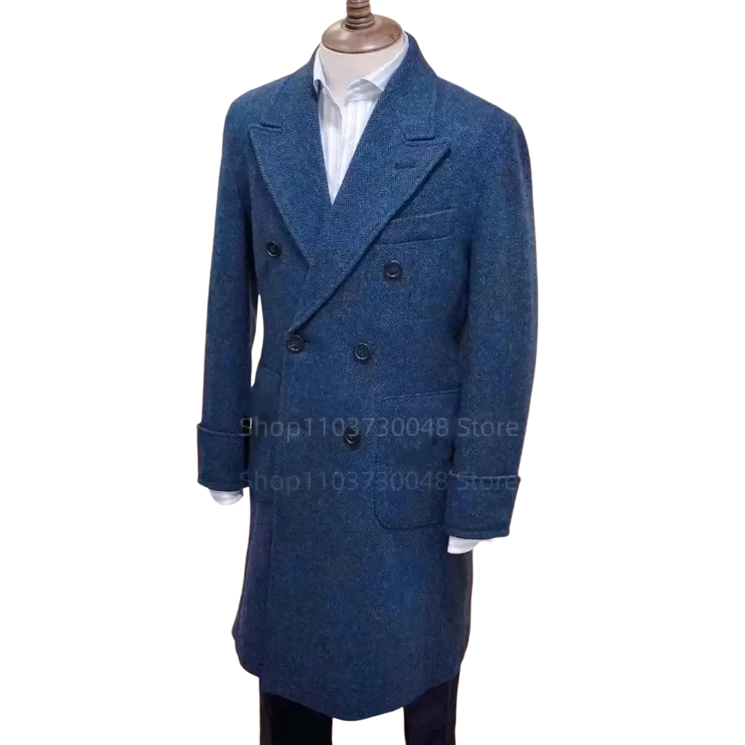 A navy blue double-breasted wool overcoat with herringbone pattern and black buttons for men winter suit jacket size chart