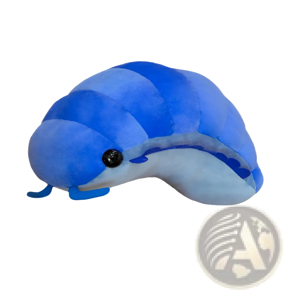 Blue isopod plush sea slug stuffed animal doll with segmented body black bead eye and light blue underbelly