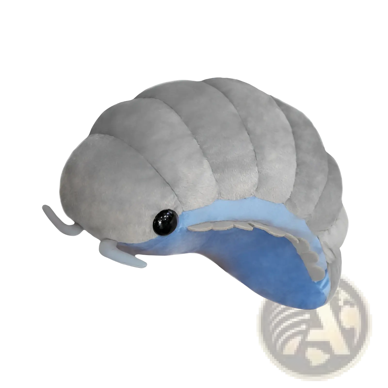 Gray blue isopod plush sea slug stuffed animal doll with segmented body and black eye made of soft fabric