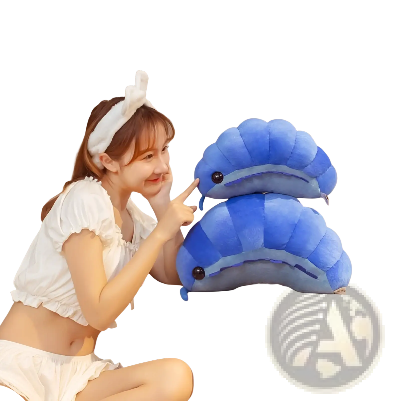 Blue isopod plush sea slug stuffed animal doll with soft segmented texture and black bead eyes in clam shape