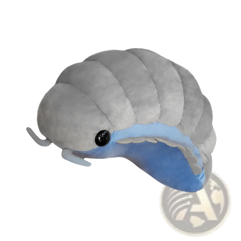 Blue isopod plush sea slug stuffed animal with gray segmented body blue underbelly and black eye in soft fabric
