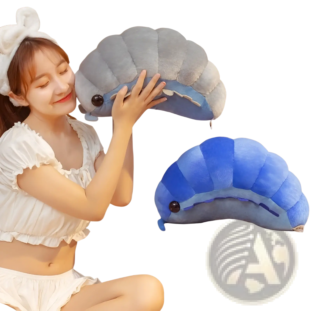 Soft gray and blue plush sea slug pillow with black bead eyes in blue isopod stuffed animal doll design