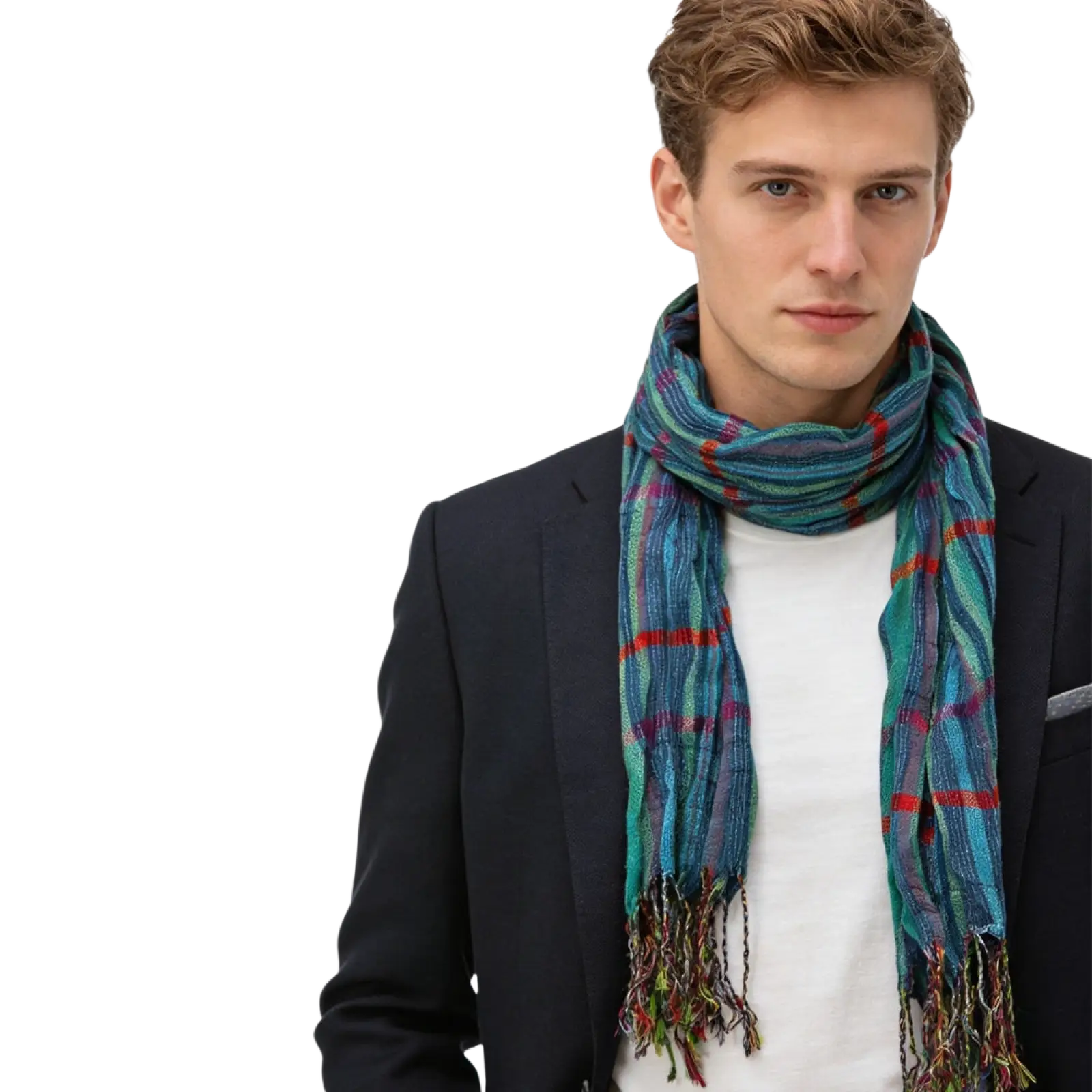 A vibrant blue jacquard textured winter scarf with teal red and purple plaid hues and fringed ends