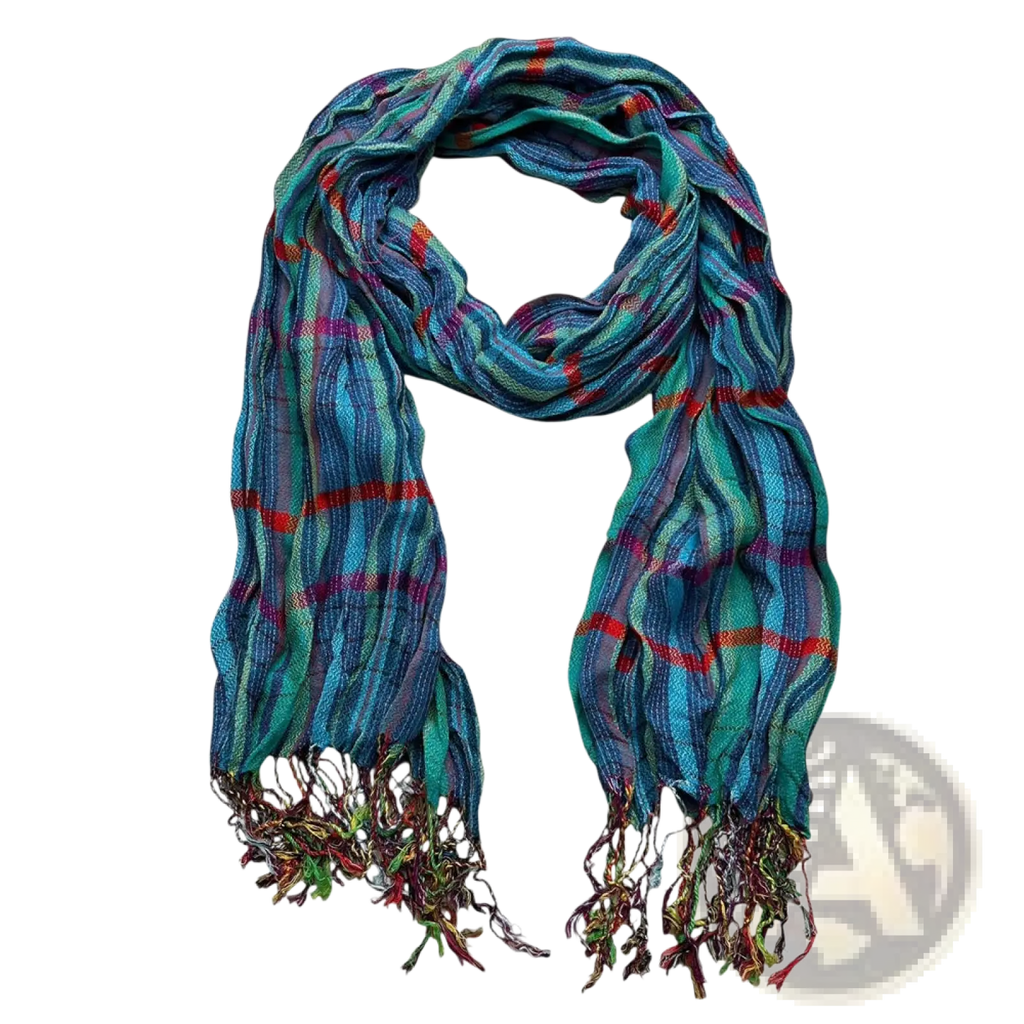 A vibrant multi-colored blue jacquard textured winter scarf with fringed ends in teal blue green and red plaid design