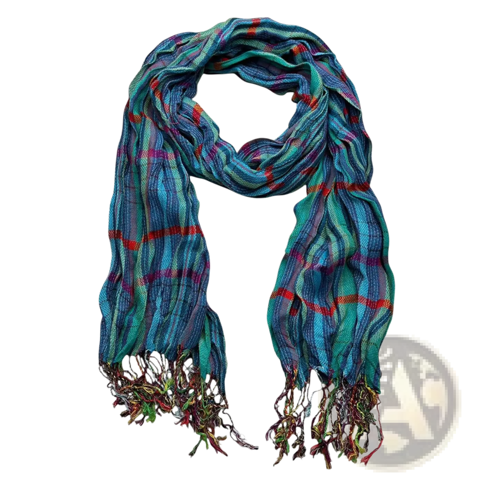 A vibrant multi-colored blue jacquard textured winter scarf with fringed ends in teal blue green and red plaid design