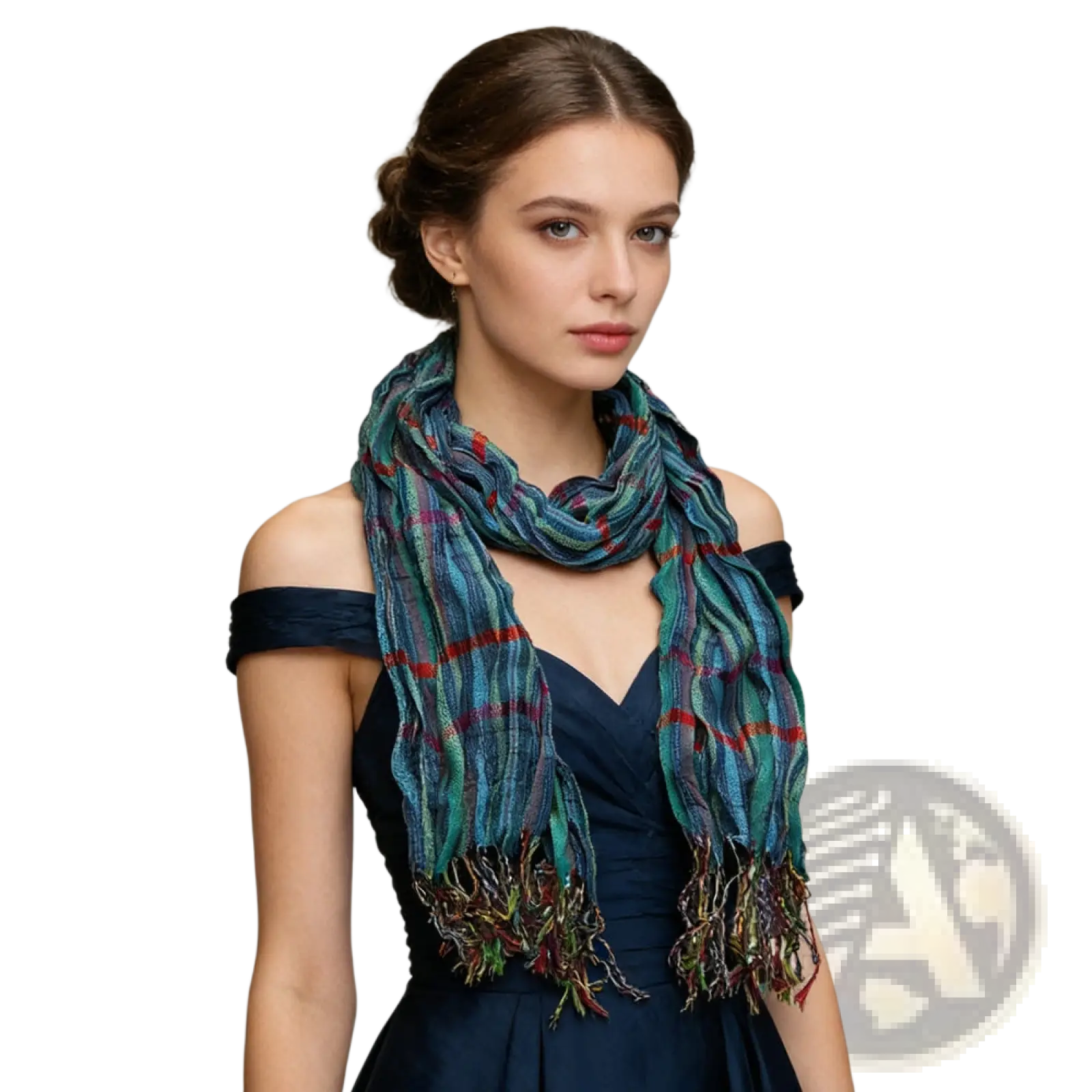 Blue jacquard textured winter scarf with multicolored teal red and green plaid pattern and fringed ends