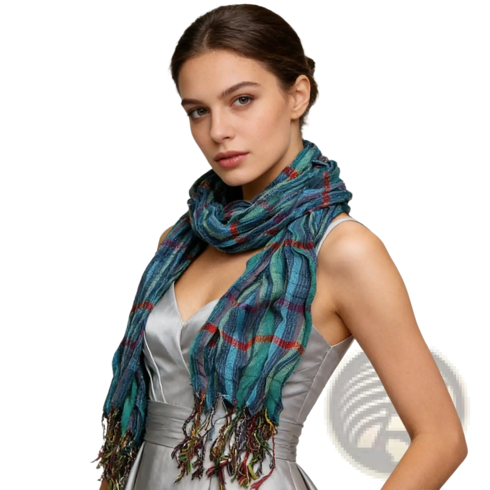 Blue jacquard textured winter scarf with multi-colored plaid pattern in teal blue and red with fringed ends