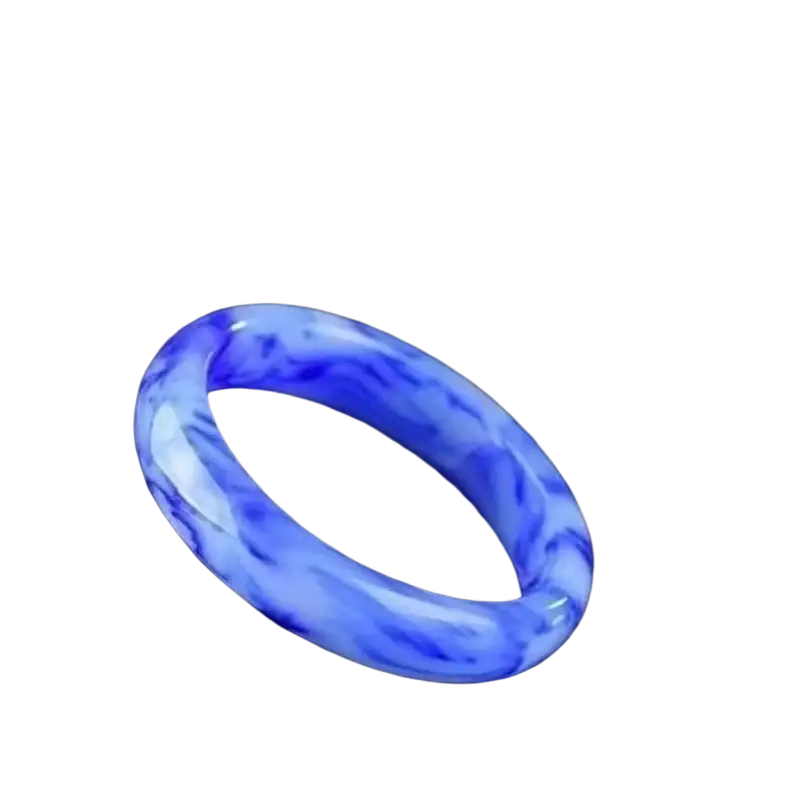A glossy blue and white marbled jade bangle bracelet for women with a smooth polished surface