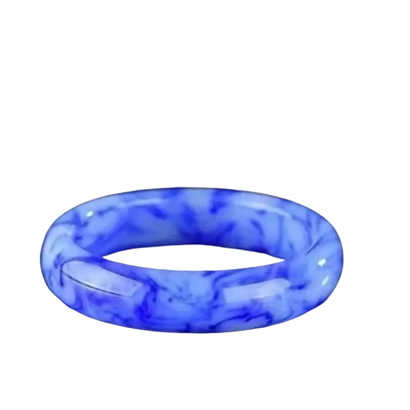 A smooth translucent blue and white marbled jade bangle bracelet for women with a glossy finish