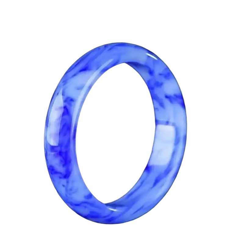 Blue jade bangle marbled bracelet for women featuring a smooth polished translucent blue and white jade surface