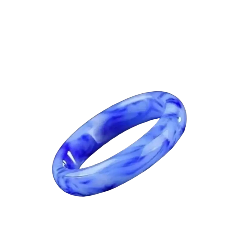 A translucent blue and white marbled jade bangle bracelet for women with a smooth polished surface