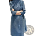 Blue knit trench coat women long button cardigan featuring a high collar and textured knit design