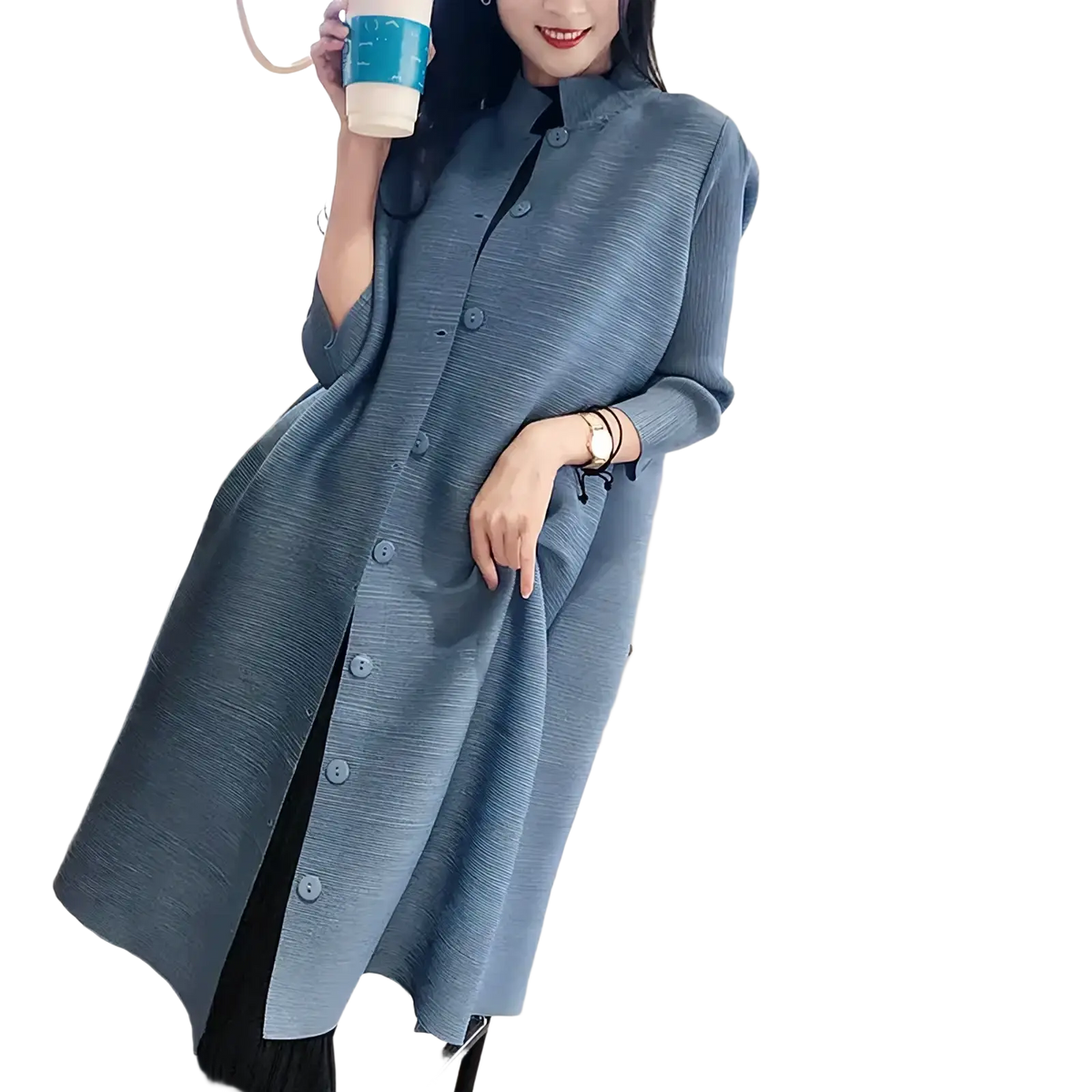 Blue knit trench coat women long button cardigan in light blue textured knit with mandarin collar and front button closure