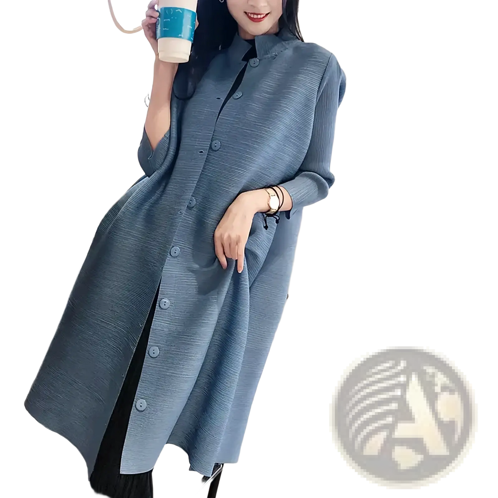 Blue knit trench coat women long button cardigan in light blue textured knit with mandarin collar and front button closure