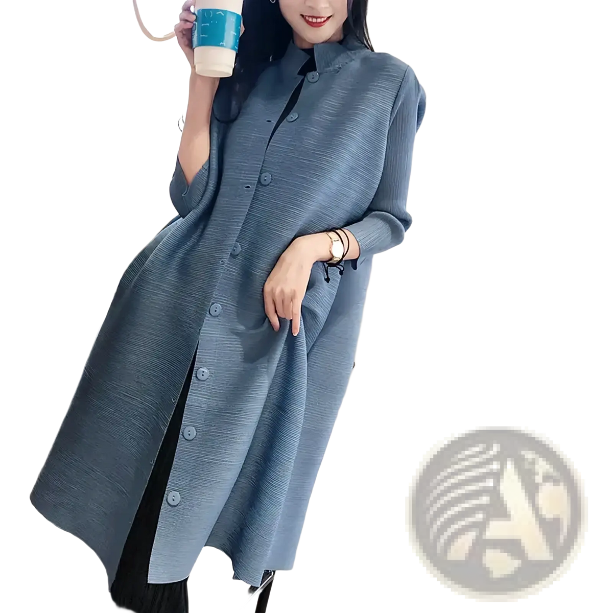 Blue knit trench coat women long button cardigan in light blue textured knit with mandarin collar and front button closure