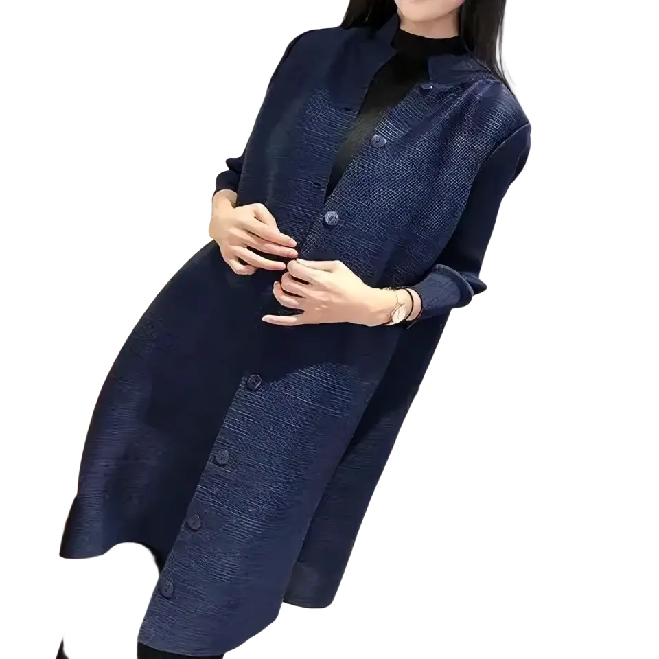 Navy blue knit trench coat women long textured button-up tunic cardigan for stylish layering and warmth